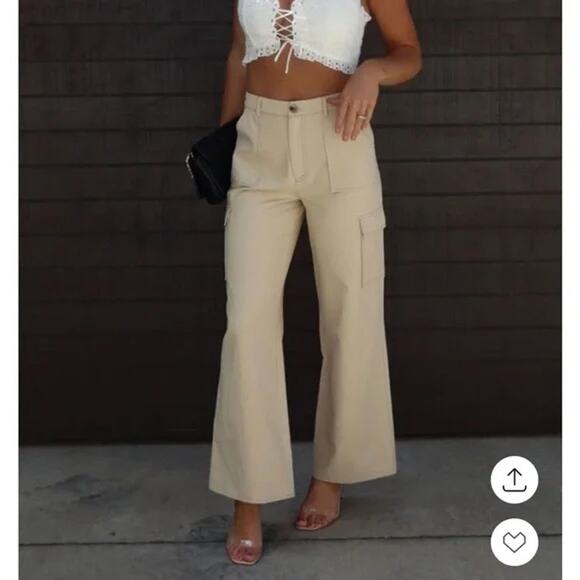 ACOA High Rise Wide Leg Cargo Pants Khaki Tan Large - Picture 1 of 11